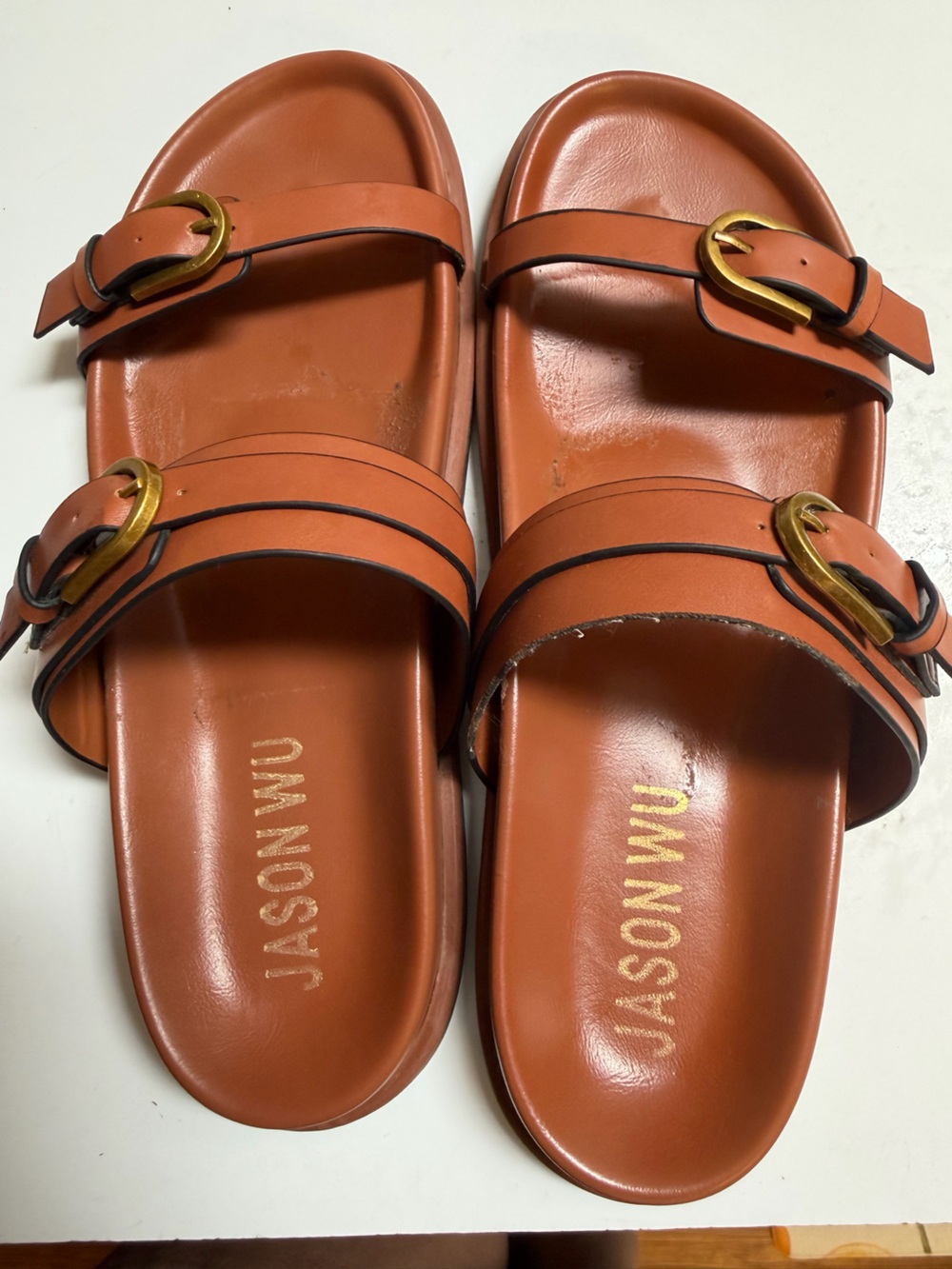 Jason Wu Rhonda Double Buckle Slide Sandals Brown Tan Size 8